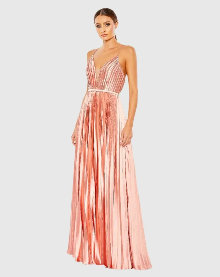 Women Evening Gowns Mac Duggal Plunge Neck Pleated Evening Gown Midnight