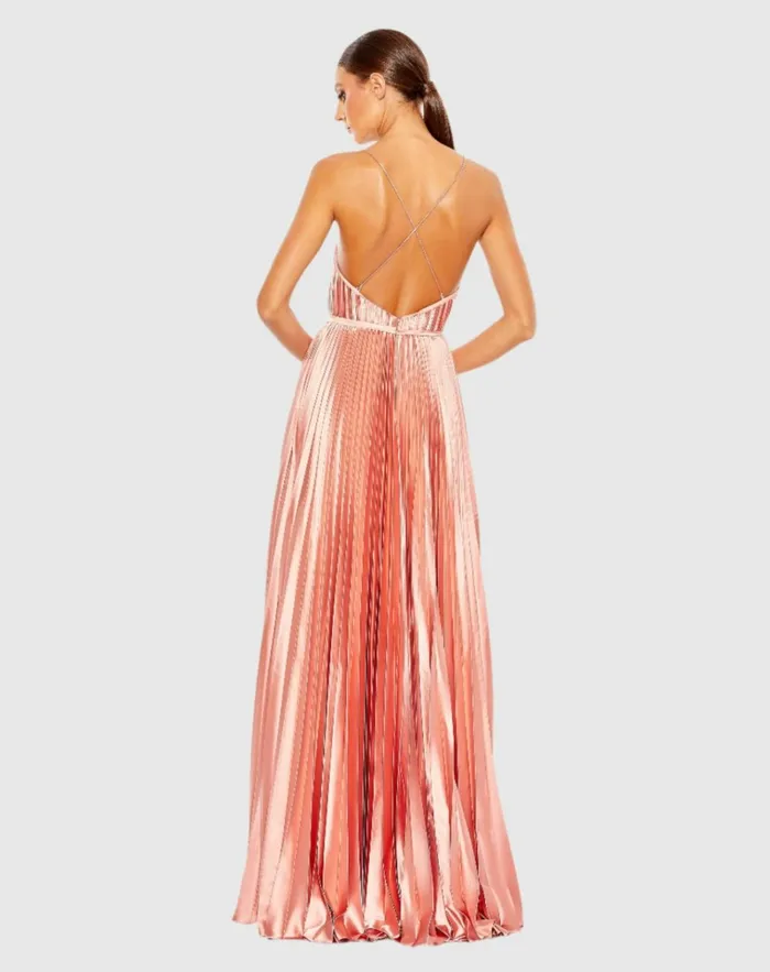 Women Evening Gowns Mac Duggal Plunge Neck Pleated Evening Gown Midnight