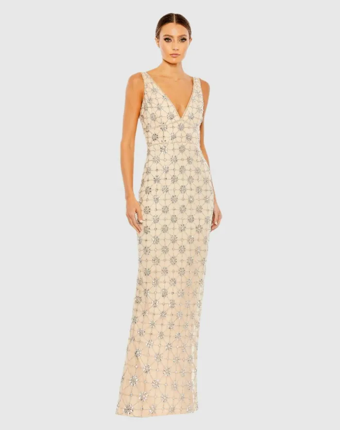 Women Evening Gowns Mac Duggal Sleeveless Hand Beaded VNeck Gown Nude Silver