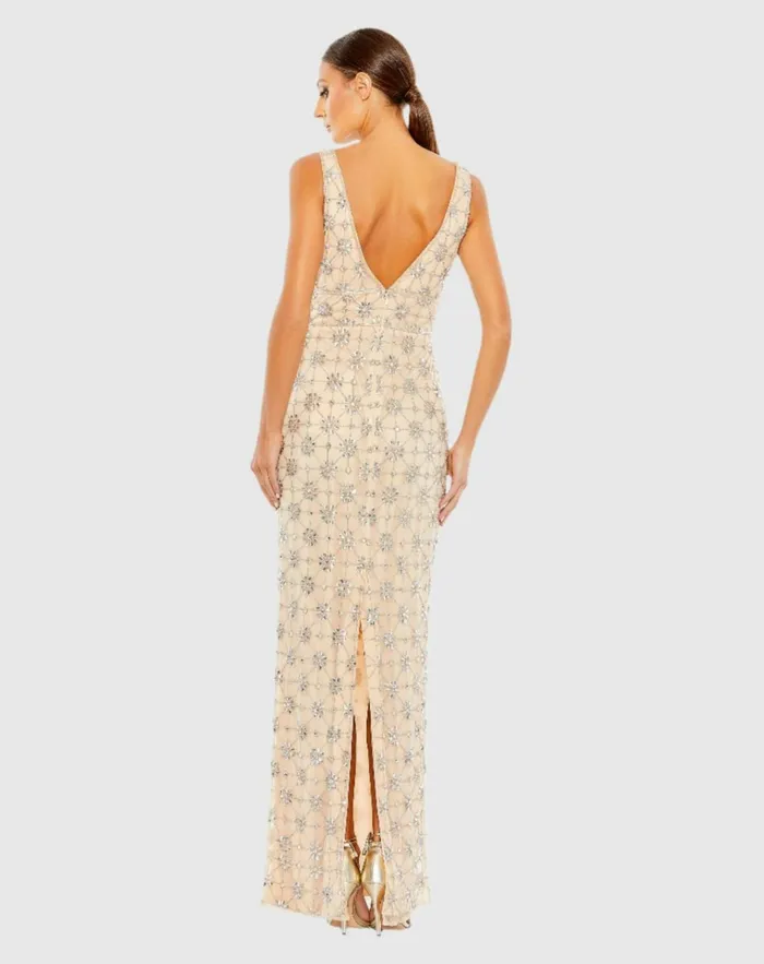 Women Evening Gowns Mac Duggal Sleeveless Hand Beaded VNeck Gown Nude Silver