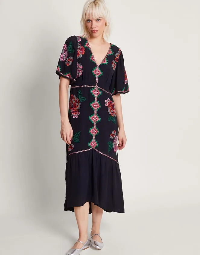 Women Everly Embroidered Tea Dress Black Monsoon Dresses