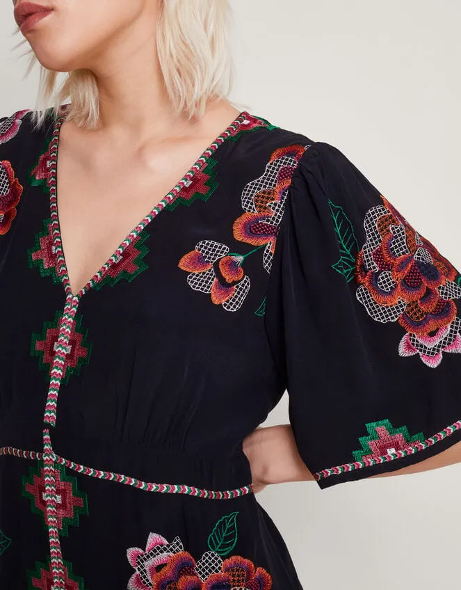 Women Everly Embroidered Tea Dress Black Monsoon Dresses