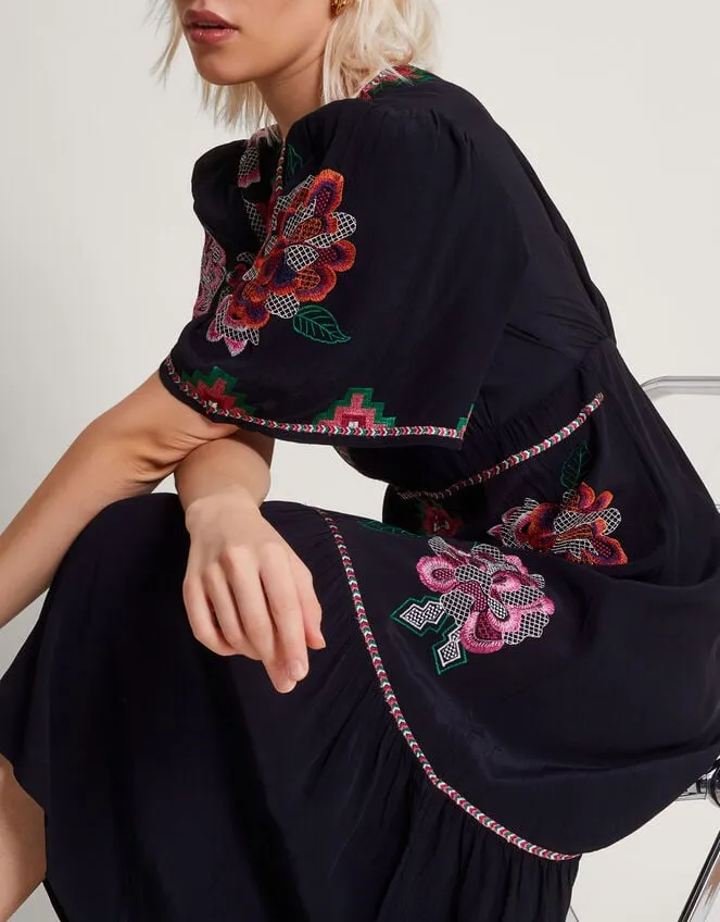 Women Everly Embroidered Tea Dress Black Monsoon Dresses