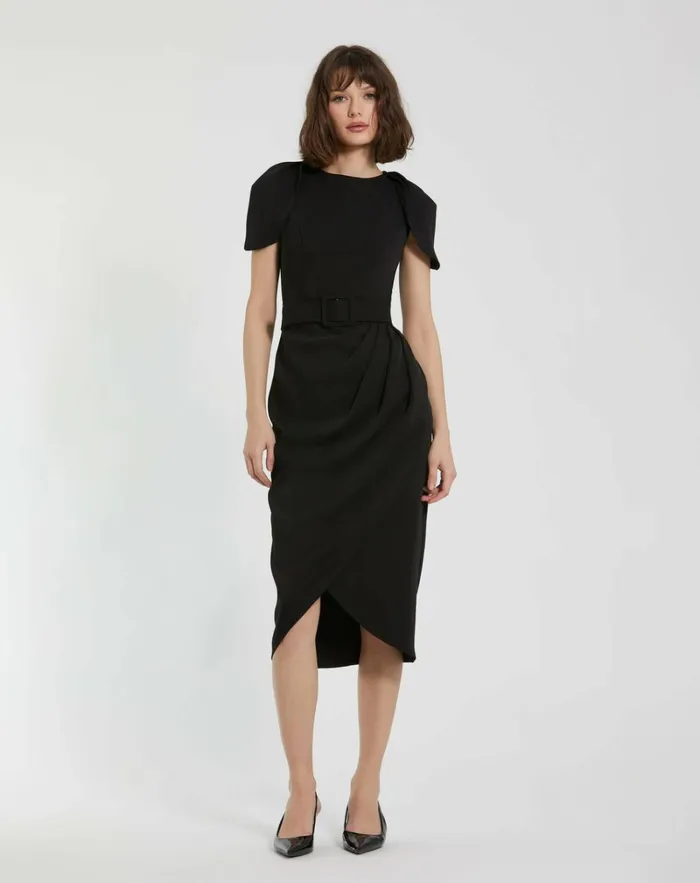 Women Every Day Dresses Mac Duggal Crepe Boat Neck Midi Tulip Dress With Belt Black