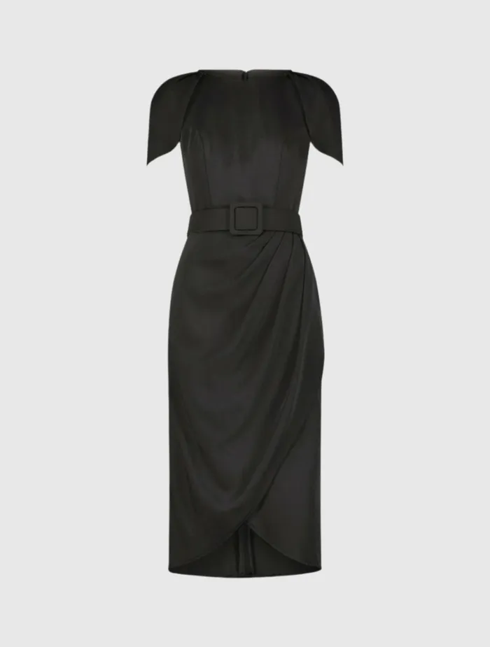 Women Every Day Dresses Mac Duggal Crepe Boat Neck Midi Tulip Dress With Belt Black