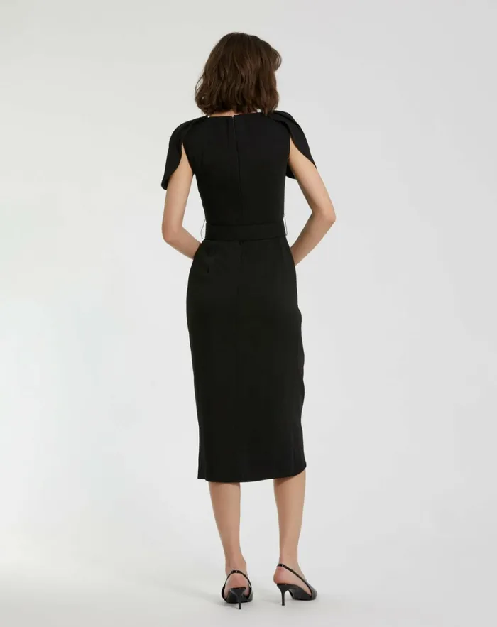 Women Every Day Dresses Mac Duggal Crepe Boat Neck Midi Tulip Dress With Belt Black