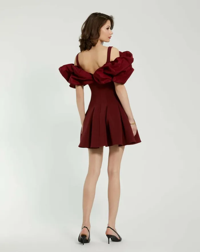 Women Every Day Dresses Mac Duggal Crepe Godet Hem Mini Dress With Faille Ruffle Oxblood