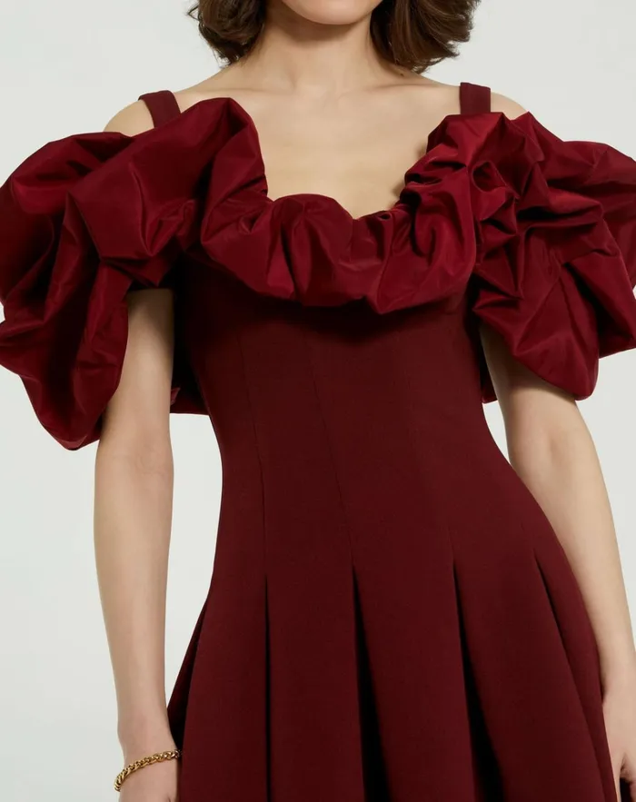 Women Every Day Dresses Mac Duggal Crepe Godet Hem Mini Dress With Faille Ruffle Oxblood