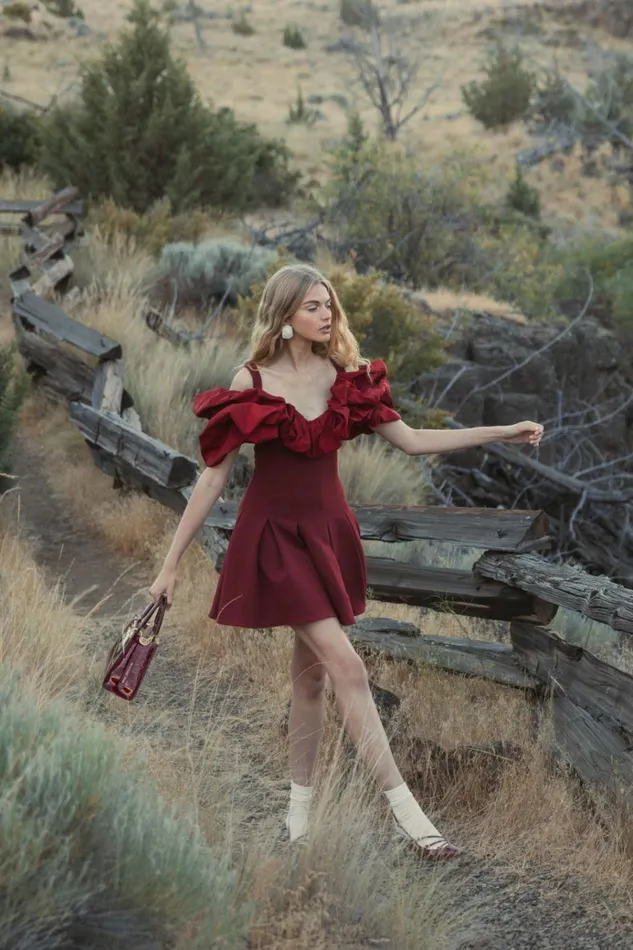 Women Every Day Dresses Mac Duggal Crepe Godet Hem Mini Dress With Faille Ruffle Oxblood