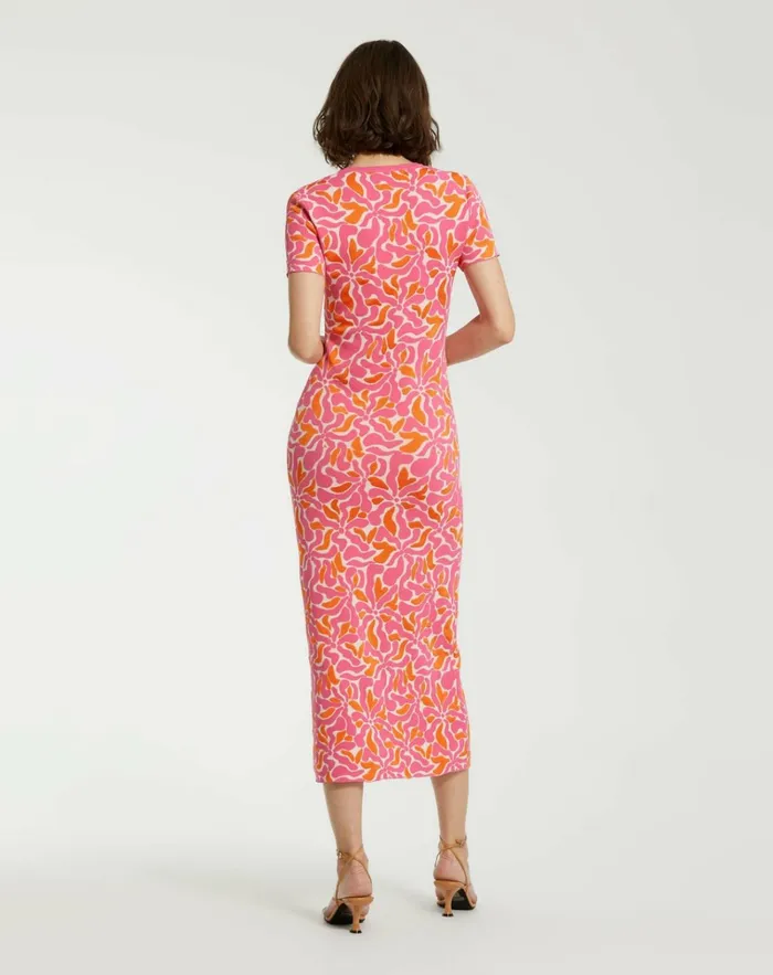 Women Every Day Dresses Mac Duggal Short Sleeve Scoop Neck Floral Knit Maxi Dress 8211 FINAL SALE Hot Pink Multi