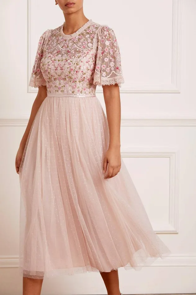 Women Exclusives Needle and Thread Rosie Lace Bodice Short Sleeve Round Neck Ballerina Dress Pink