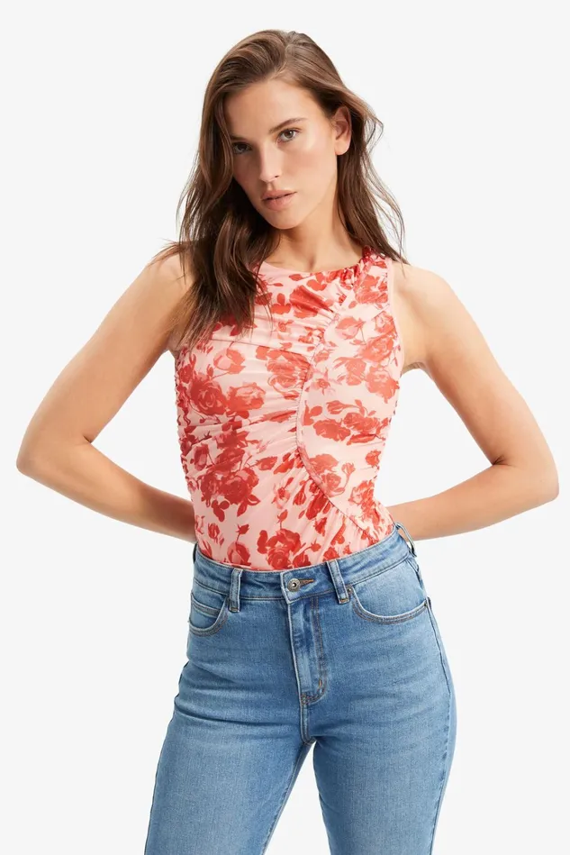 Women Fashion Tops Bardot Felicia Mesh Top In Red Floral Red Floral