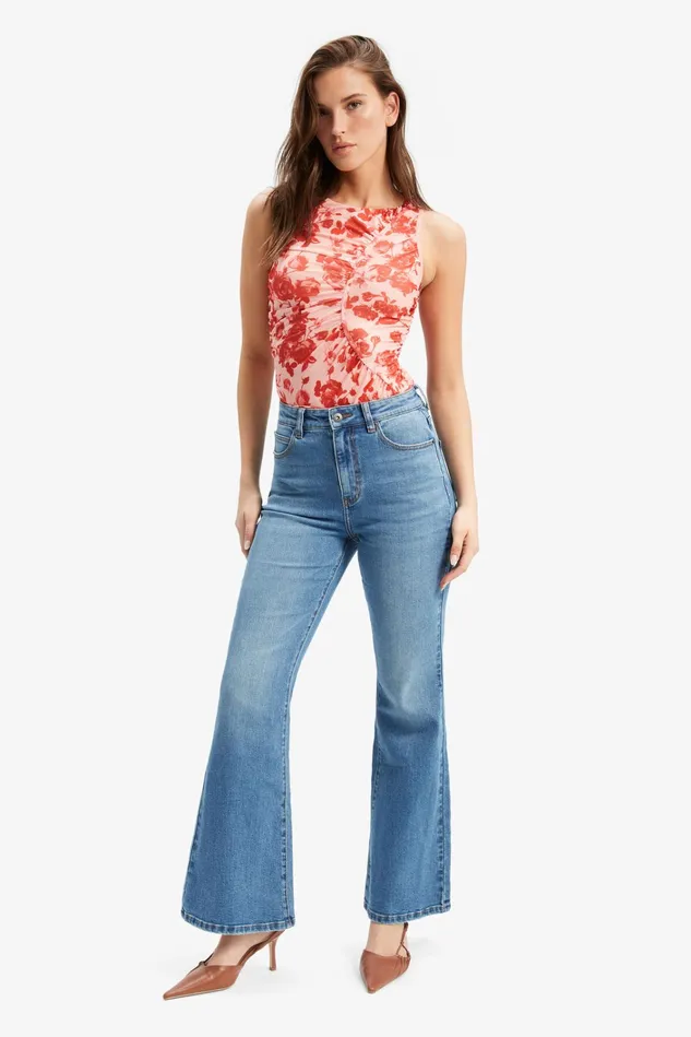 Women Fashion Tops Bardot Felicia Mesh Top In Red Floral Red Floral
