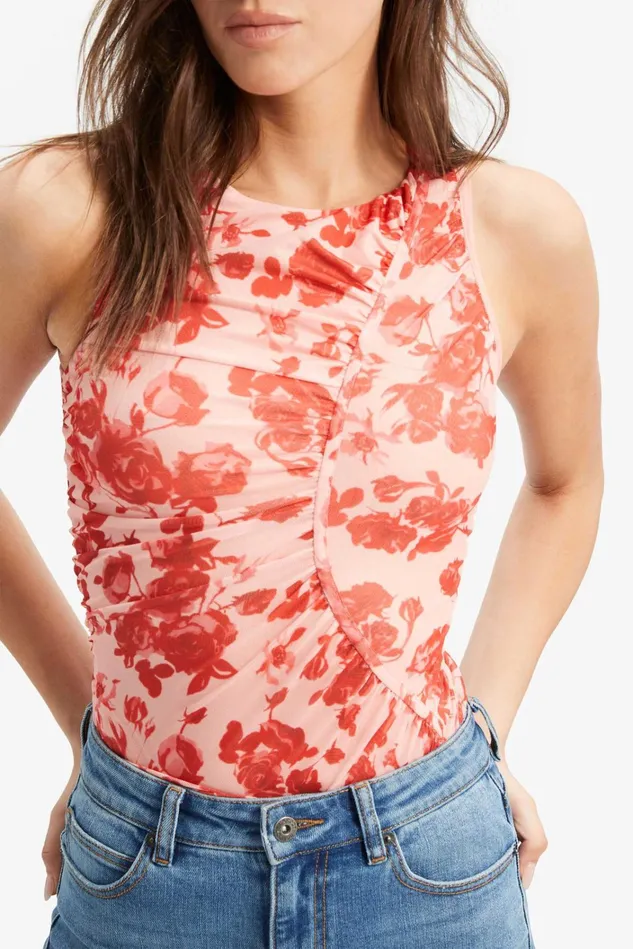 Women Fashion Tops Bardot Felicia Mesh Top In Red Floral Red Floral