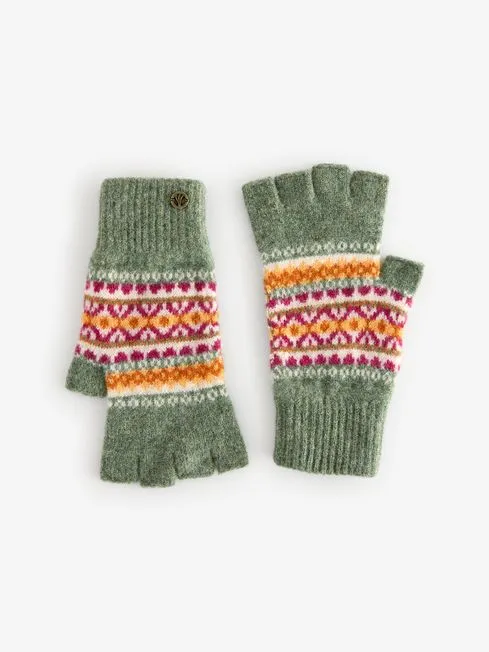 Women Fatface Gloves Green Lambswool Fairisle Fingerless Gloves