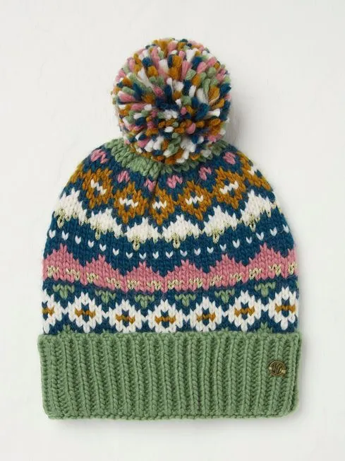 Women Fatface Hats Green Haze Fairisle Bobble Hat