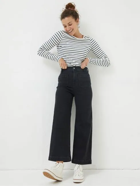 Women Fatface Jeans Keswick Black Wide Leg Cropped Jeans