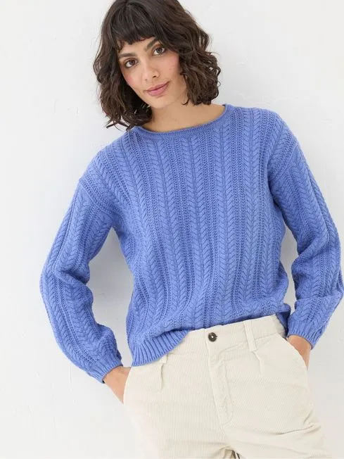 Women Fatface Knitwear Anna Blue Cable Cotton Jumper
