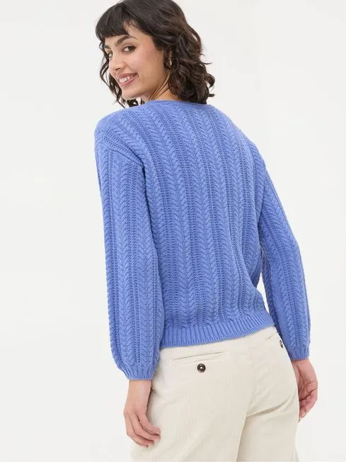 Women Fatface Knitwear Anna Blue Cable Cotton Jumper