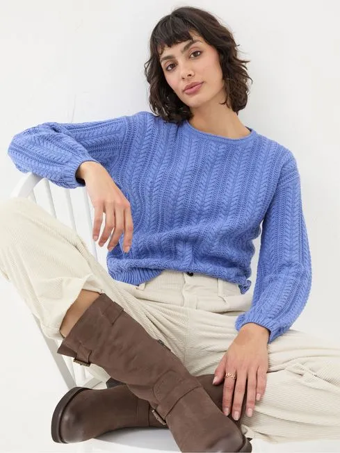 Women Fatface Knitwear Anna Blue Cable Cotton Jumper