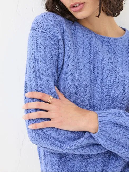 Women Fatface Knitwear Anna Blue Cable Cotton Jumper