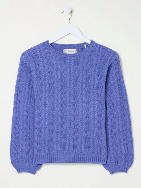 Women Fatface Knitwear Anna Blue Cable Cotton Jumper