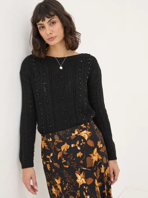Women Fatface Knitwear Black Dark Skies Damson Beaded Jumper