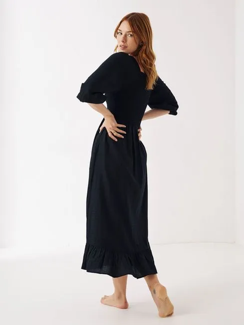 Women Fatface Midi Dresses Adele Black Midi Dress With Linen Women Fatface Midi Dresses Adele Black Midi Dress With Linen