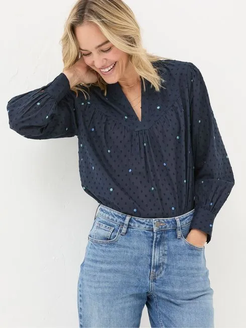 Women Fatface Shirts and Blouses Mathilde Blue Embroidered Blouse