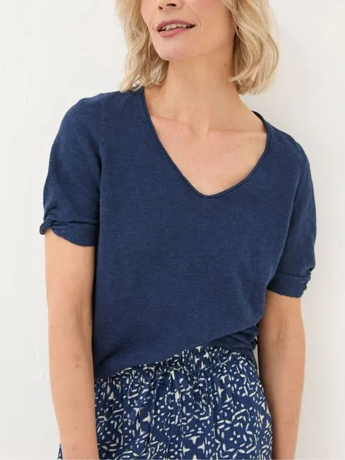 Women Fatface Tops and TShirts Blue Twisted Cuff Knit CottonLinen Blend TShirt