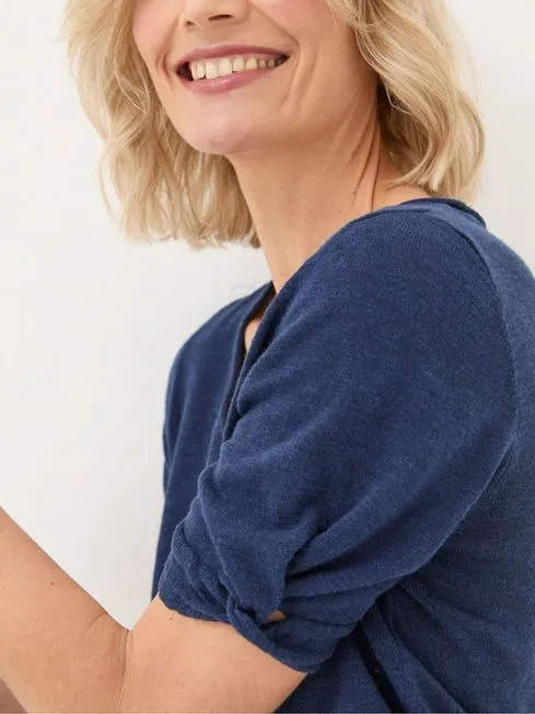 Women Fatface Tops and TShirts Blue Twisted Cuff Knit CottonLinen Blend TShirt