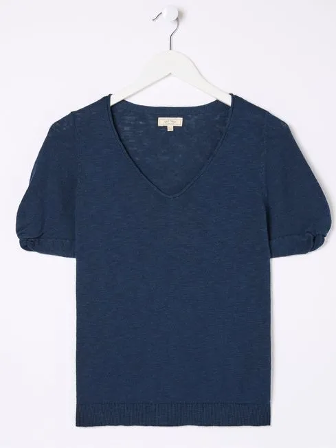 Women Fatface Tops and TShirts Blue Twisted Cuff Knit CottonLinen Blend TShirt
