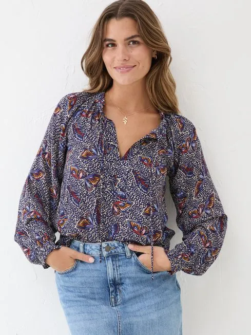 Women Fatface Tops and TShirts Dark Navy Lil Print Blouse