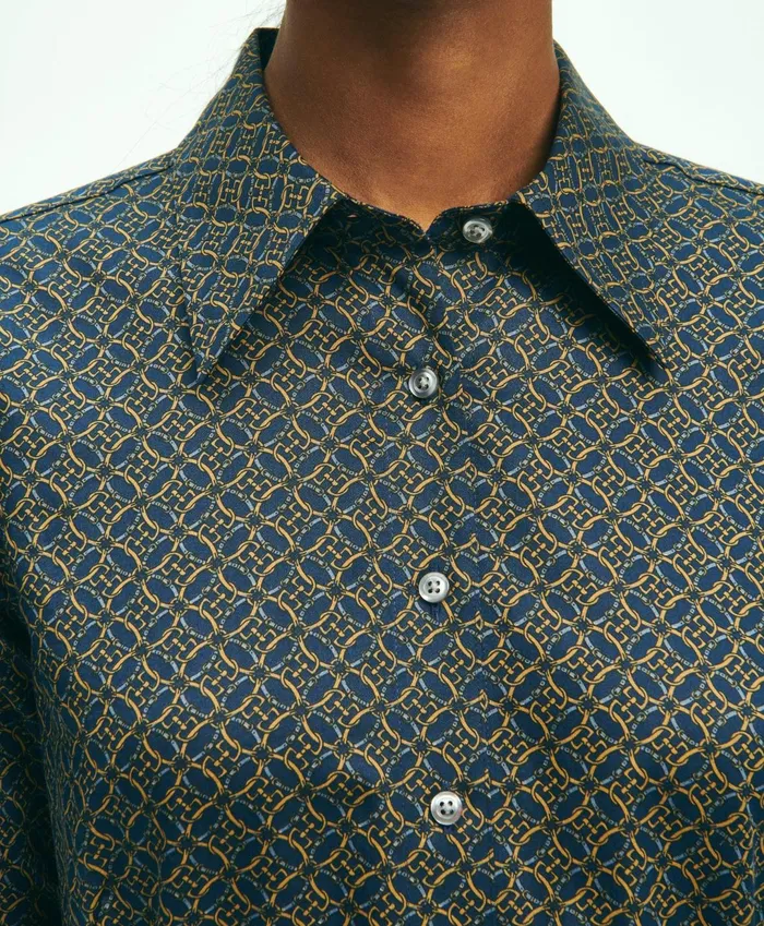 Women Fitted Cotton Sateen Equestrian Print Shirt Navy Multi Brooks Brothers Blouses and Shirts
