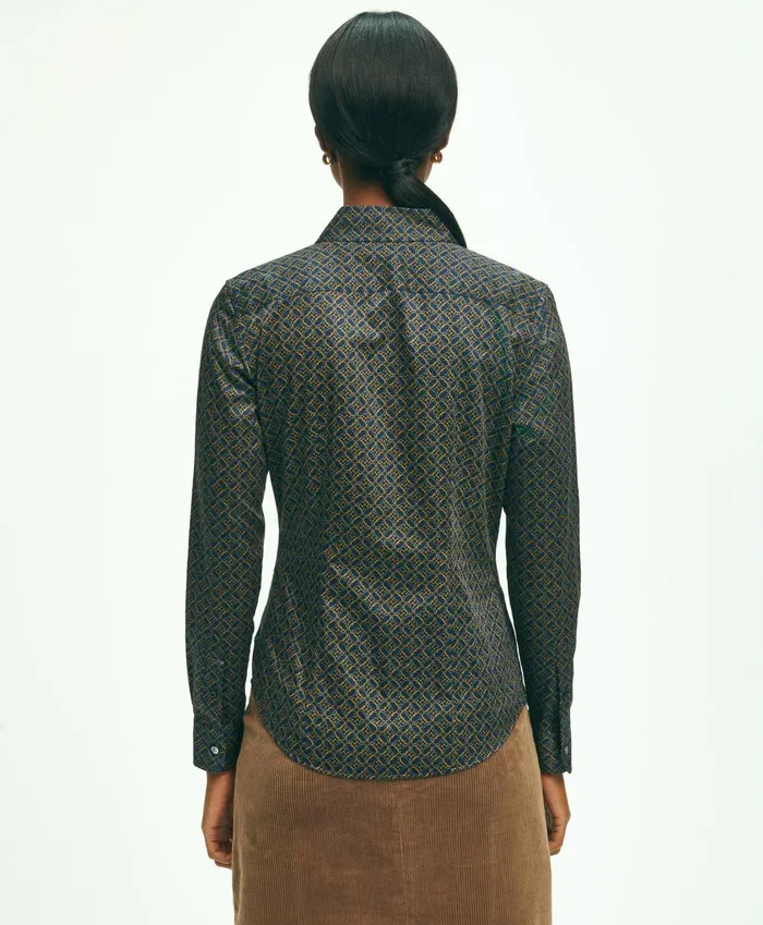 Women Fitted Cotton Sateen Equestrian Print Shirt Navy Multi Brooks Brothers Blouses and Shirts