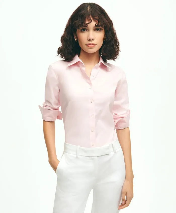 Women Fitted NonIron Stretch Supima Cotton Dress Shirt Pink Brooks Brothers Blouses and Shirts