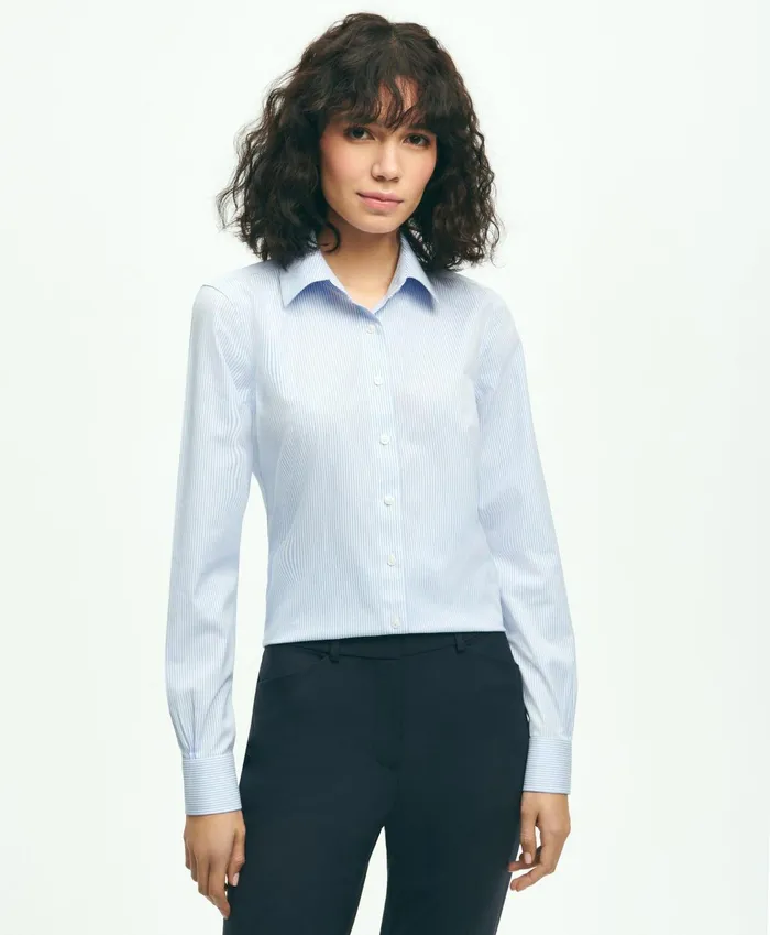 Women Fitted Stretch Supima Cotton NonIron Mini Stripe Dress Shirt Light Blue Brooks Brothers Blouses and Shirts Women Fitted Stretch Supima Cotton NonIron Mini Stripe Dress Shirt Light Blue Brooks Brothers Blouses and Shirts