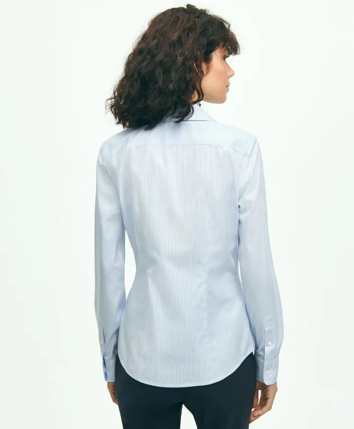 Women Fitted Stretch Supima Cotton NonIron Mini Stripe Dress Shirt Light Blue Brooks Brothers Blouses and Shirts