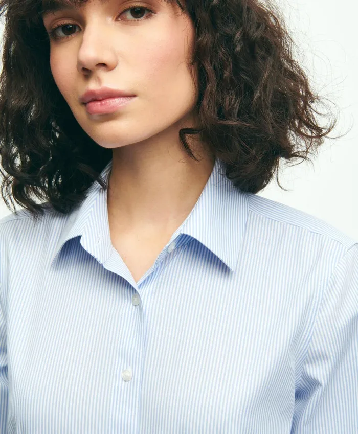 Women Fitted Stretch Supima Cotton NonIron Mini Stripe Dress Shirt Light Blue Brooks Brothers Blouses and Shirts