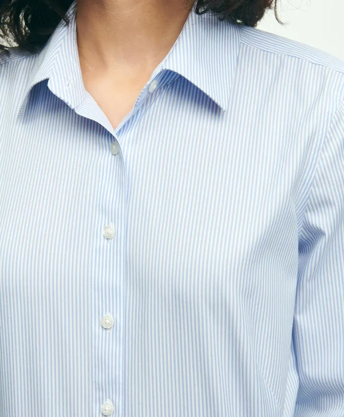 Women Fitted Stretch Supima Cotton NonIron Mini Stripe Dress Shirt Light Blue Brooks Brothers Blouses and Shirts