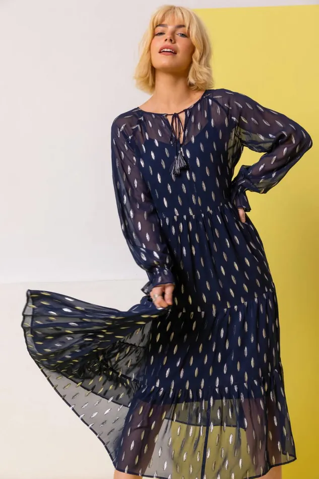 Women Foil Print Shimmer Chiffon Tiered Dress Roman Dresses