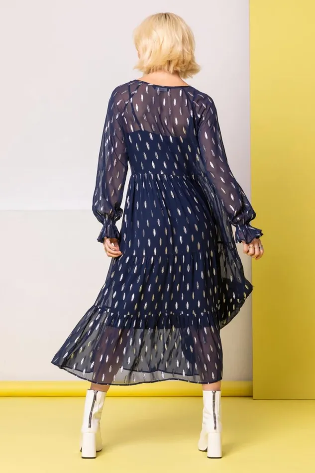 Women Foil Print Shimmer Chiffon Tiered Dress Roman Dresses