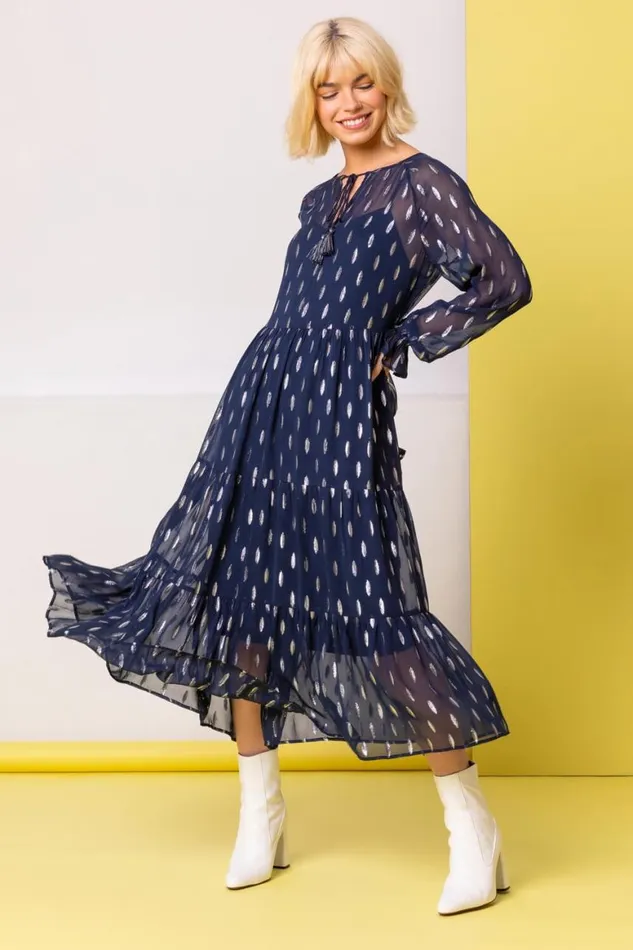 Women Foil Print Shimmer Chiffon Tiered Dress Roman Dresses
