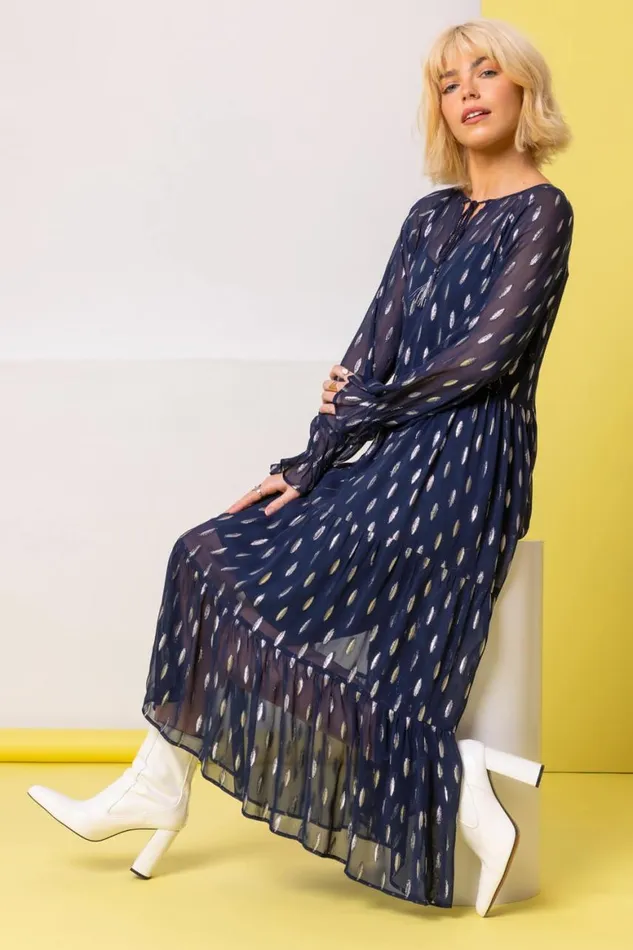 Women Foil Print Shimmer Chiffon Tiered Dress Roman Dresses