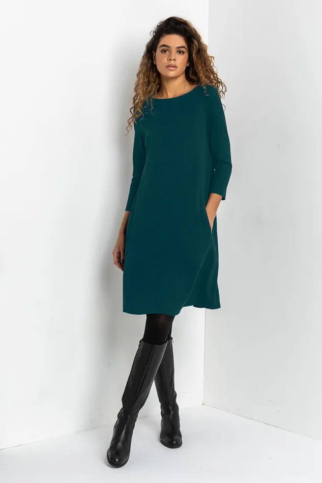 Women Forest Green ALine Pocket Detail Swing Dress Roman Dresses