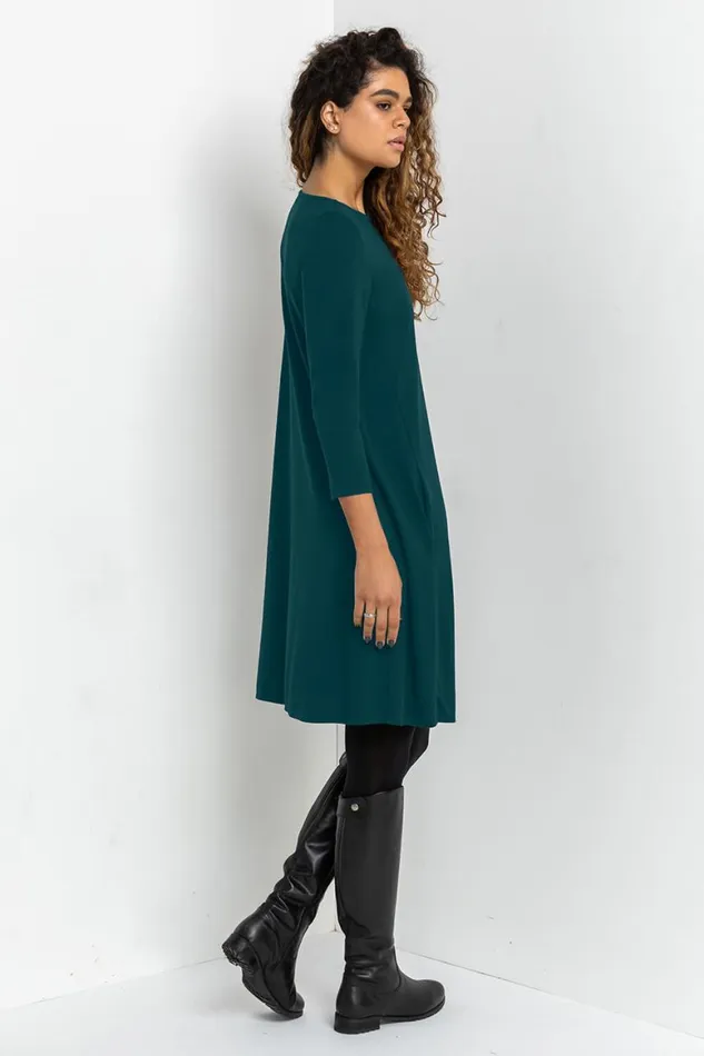 Women Forest Green ALine Pocket Detail Swing Dress Roman Dresses