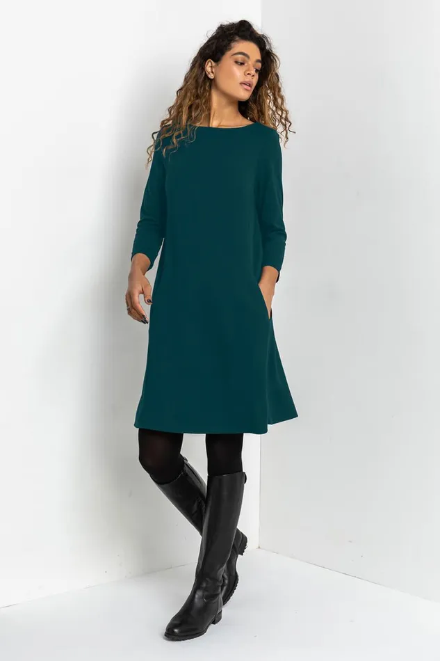 Women Forest Green ALine Pocket Detail Swing Dress Roman Dresses