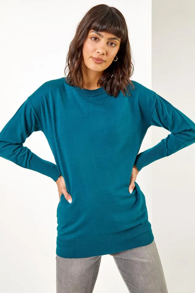 Women Forest Plain Crew Neck Longline Jumper Roman Knitwear