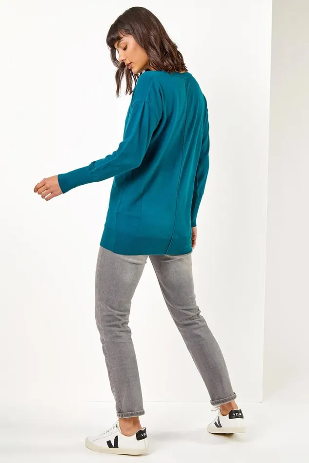 Women Forest Plain Crew Neck Longline Jumper Roman Knitwear