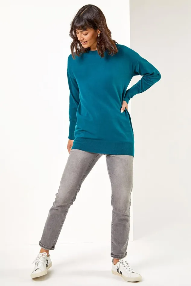 Women Forest Plain Crew Neck Longline Jumper Roman Knitwear